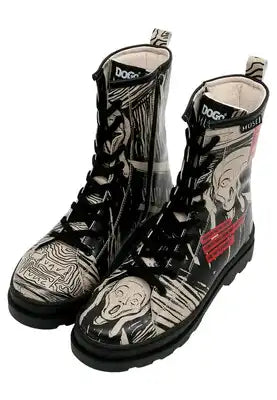 DOGO - Women Vegan Leather Black Zipper Long Boots - Edvard Munch The Scream Muse Design