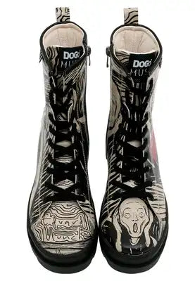 DOGO - Women Vegan Leather Black Zipper Long Boots - Edvard Munch The Scream Muse Design