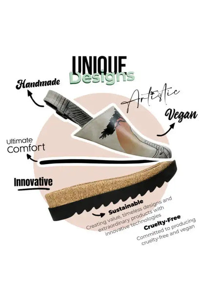 DOGO - Women Vegan Leather Black Wedge Sandals - Sunset Animals Design