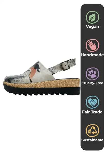 DOGO - Women Vegan Leather Black Wedge Sandals - Sunset Animals Design