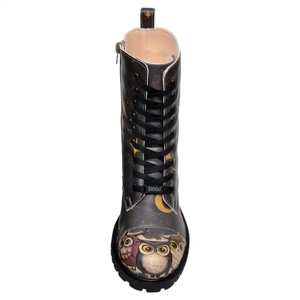 DOGO - Women Vegan Leather Black Zipper Long Boots - Owls Family Design